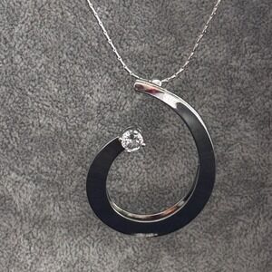 Silver Tone Open Circle Pendant Necklace W Clear Crystal Accent On Chain